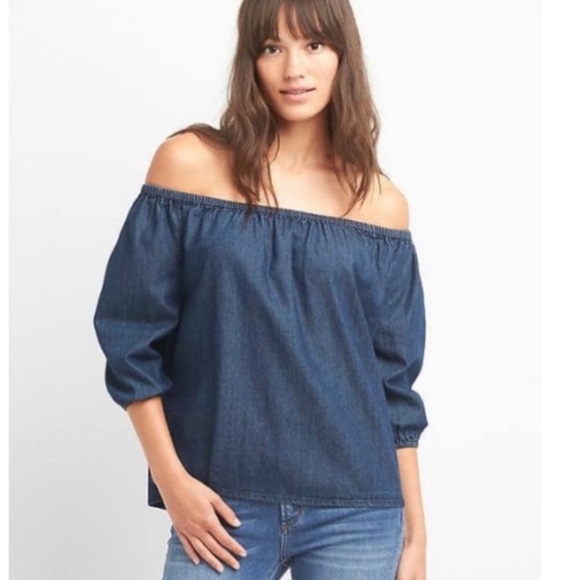 Denim Off The Shoulder Blouse Bare Shoulder Dress Blue Jean Top Gap Size Small - Picture 13 of 16